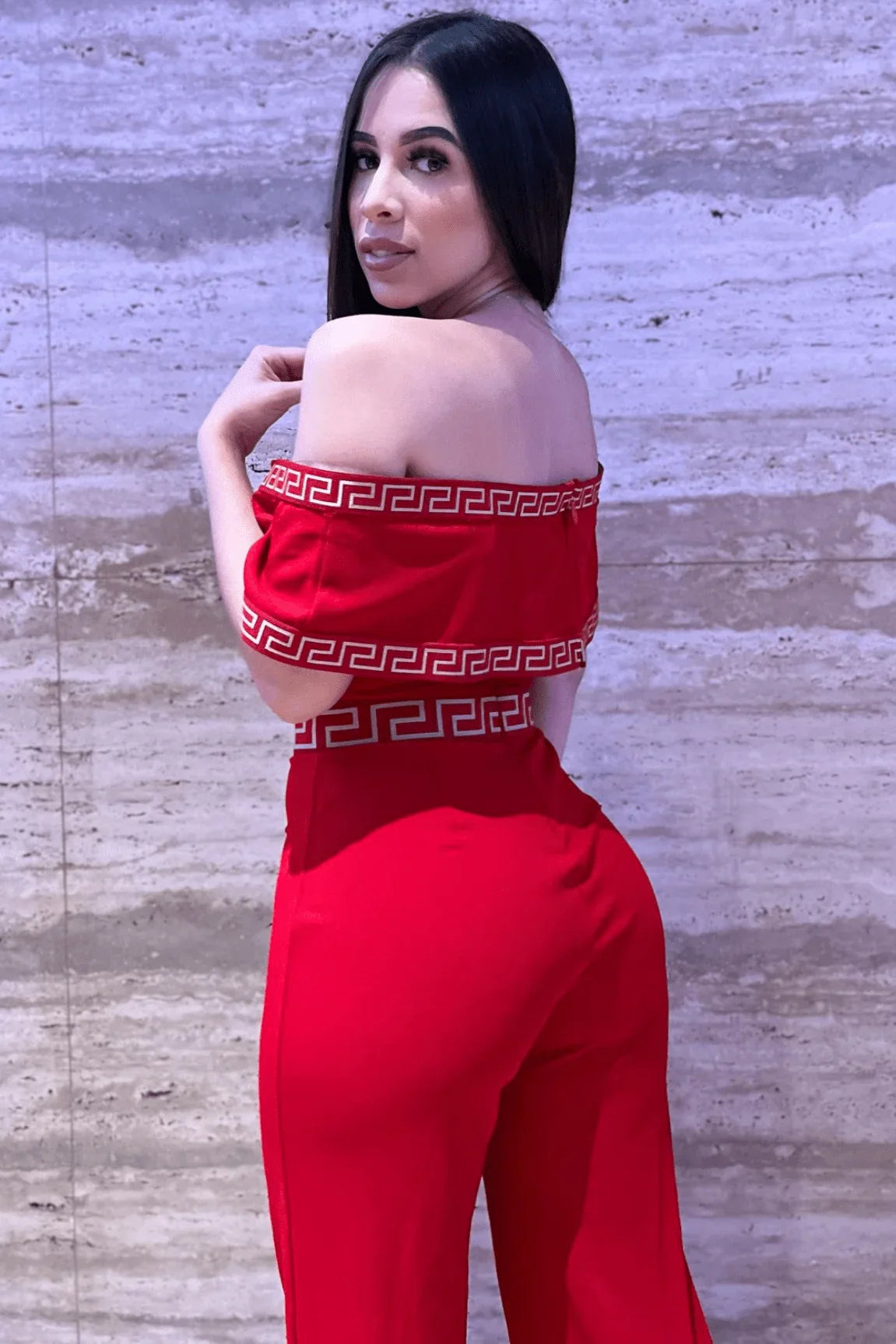 Passion Red Jumpsuit with Off-Shoulder Design and Stretch Fit