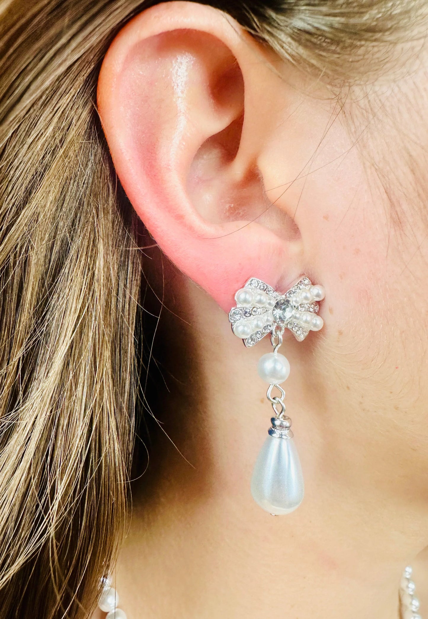 Pearl Blossom Drop Necklace 2pc Set (Silver)