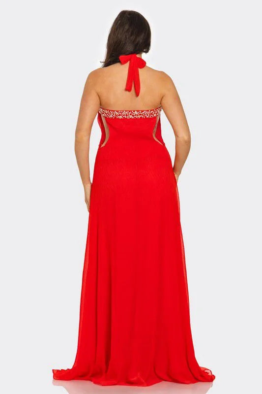 Pearl Luxe Halter Maxi Dress - Coral