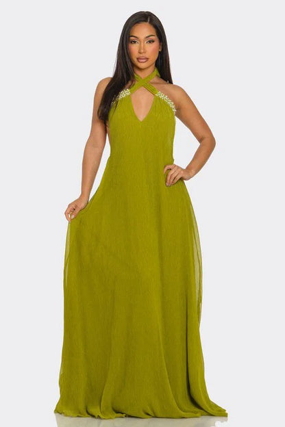 Pearl Luxe Halter Maxi Dress - Green