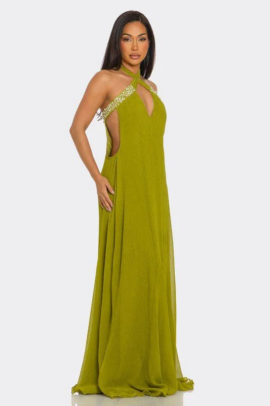 Pearl Luxe Halter Maxi Dress - Green