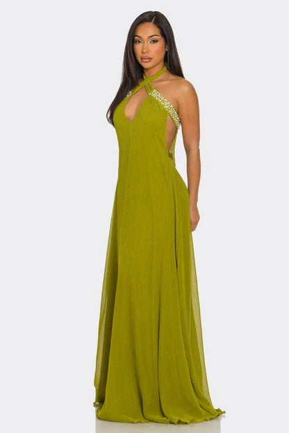 Pearl Luxe Halter Maxi Dress - Green