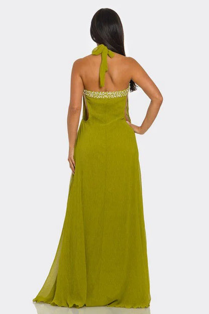 Pearl Luxe Halter Maxi Dress - Green