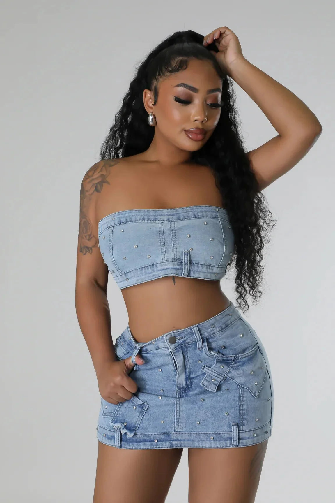 Pearlescent Denim Duo Skirt Set