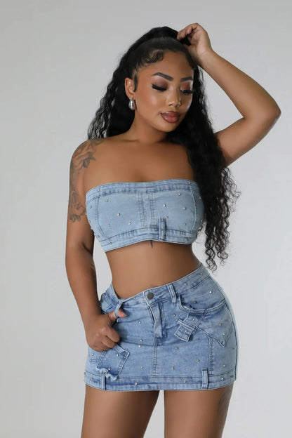 Pearlescent Denim Duo Skirt Set