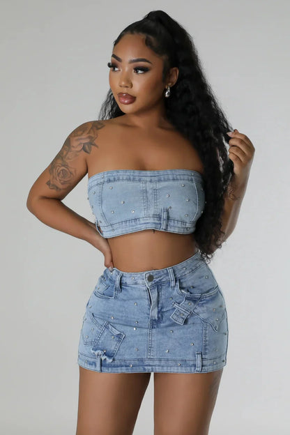 Pearlescent Denim Duo Skirt Set