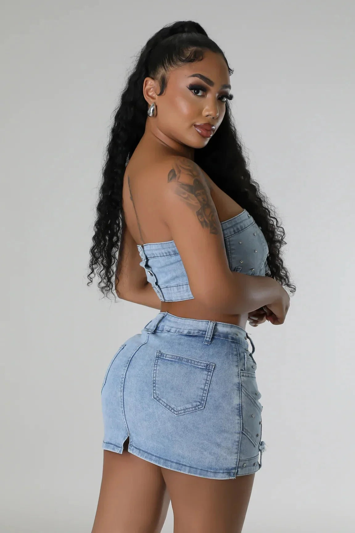 Pearlescent Denim Duo Skirt Set