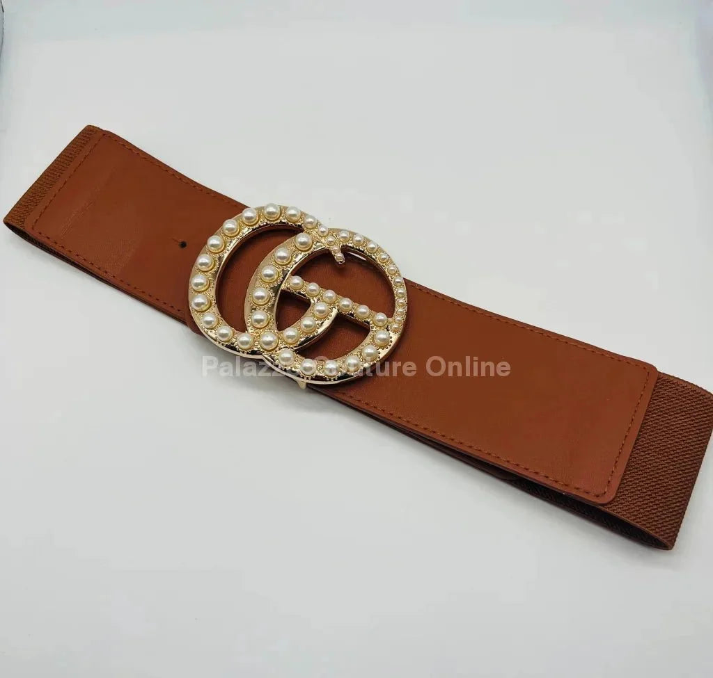 Perls Buckle Elastic Belt (Camel)