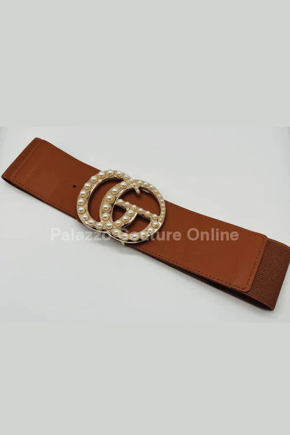 Perls Buckle Elastic Belt (Camel)
