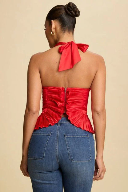 Peyton Red Pleated Halter Top with Open Back Detail