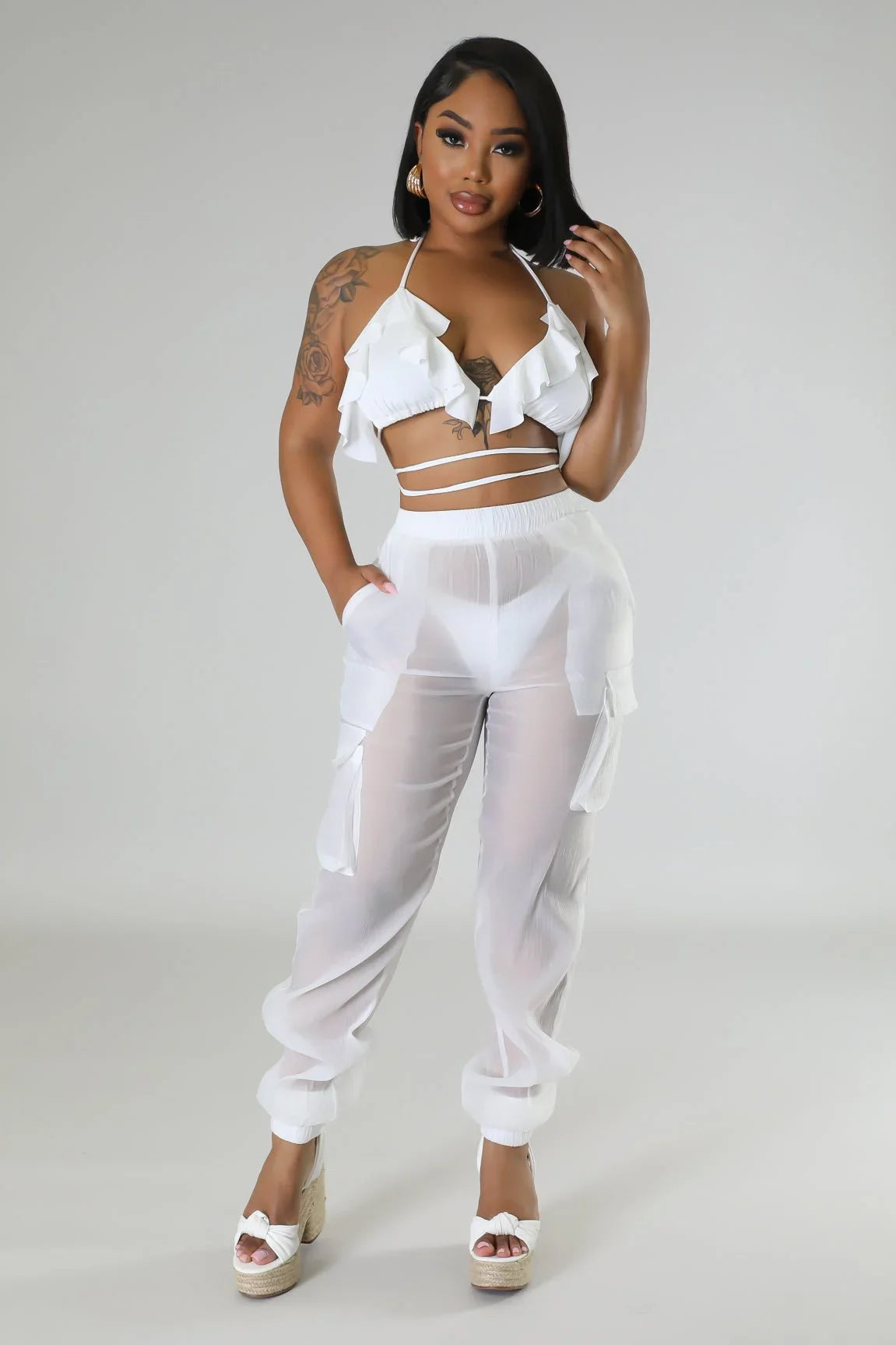 Poolside Days Sheer Cargo Pants – White High-Waisted Organza Style