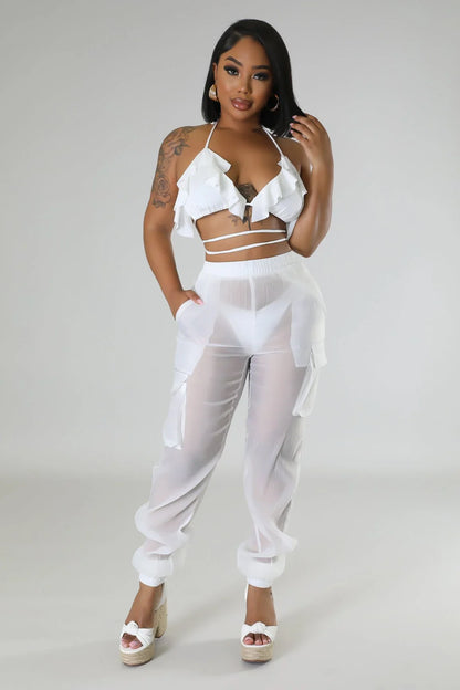 Poolside Days Sheer Cargo Pants – White High-Waisted Organza Style