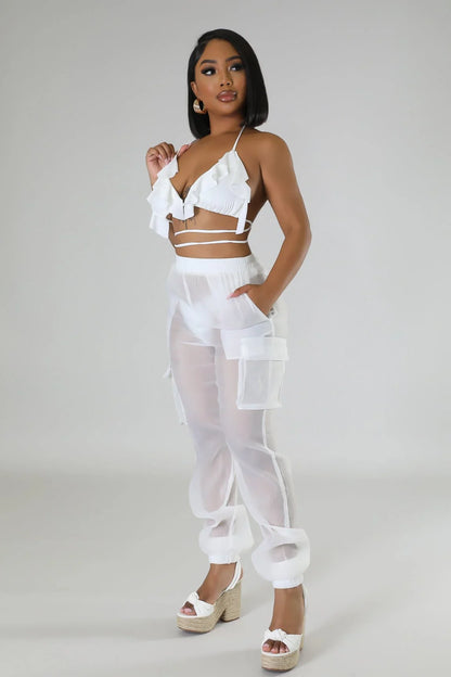 Poolside Days Sheer Cargo Pants – White High-Waisted Organza Style