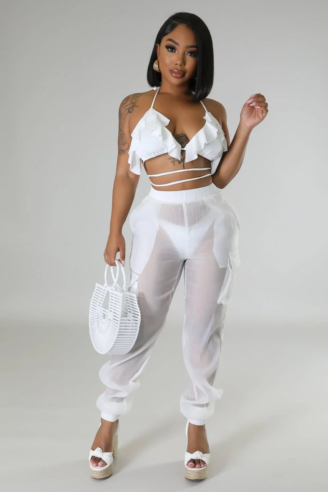 Poolside Days Sheer Cargo Pants – White High-Waisted Organza Style