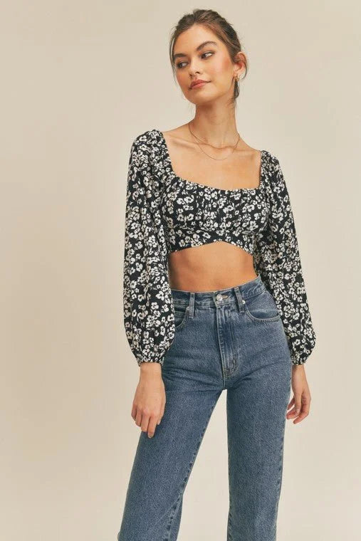 Printed Tie Back Crop Top with Long Sleeves and Smocked Back