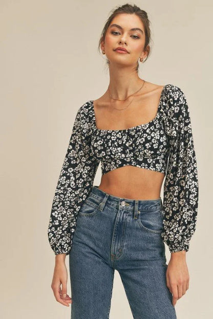 Printed Tie Back Crop Top with Long Sleeves and Smocked Back