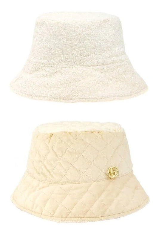 Quilted Velvet and Fur Reversible GO Bucket Hat (Ivory, Beige)