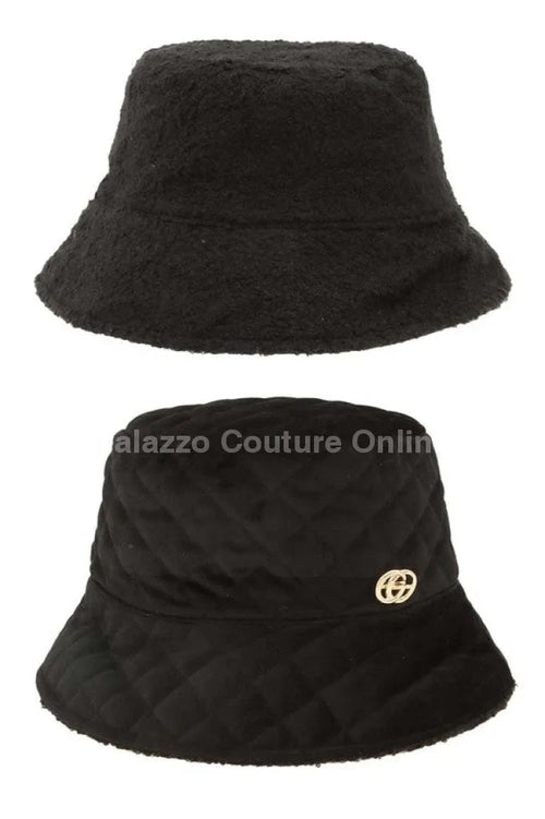 Quilted Velvet and Fur Reversible GO Bucket Hat (Black)