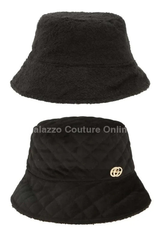 Quilted Velvet and Fur Reversible GO Bucket Hat (Black)