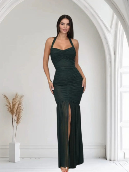 Radiant Nights Metallic Foil Ruched Maxi Dress - Forest