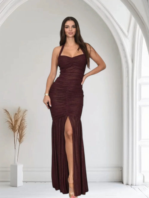 Radiant Nights Metallic Foil Ruched Maxi Dress -Merlot