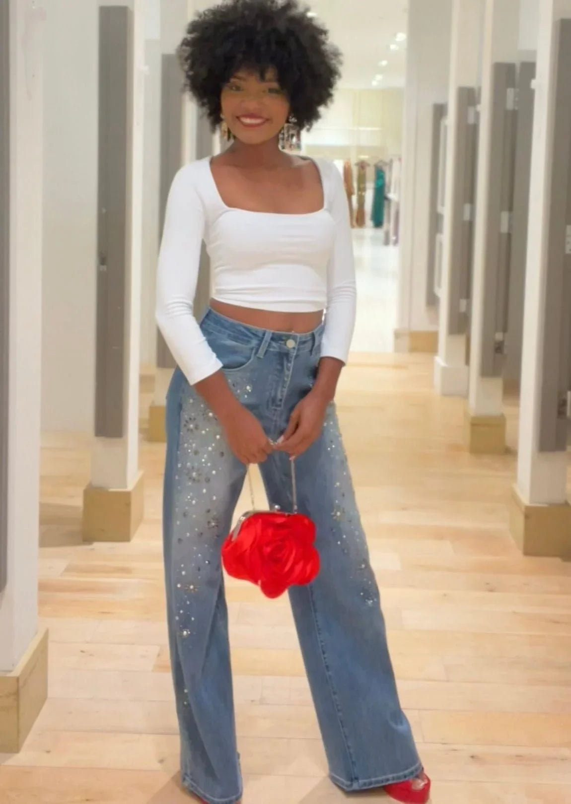 Radiant Pearl Embellished Wide-Leg Jeans