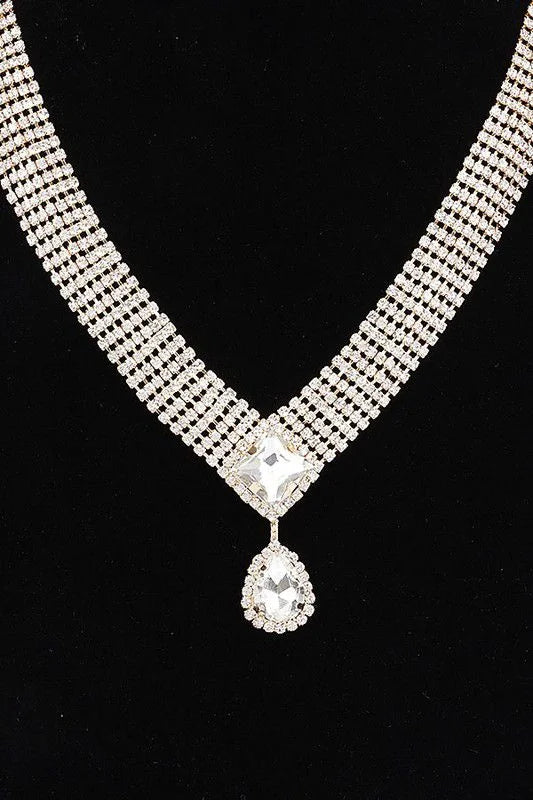 Radiant Teardrop Rhinestone Necklace Set in Gold Clear Finish