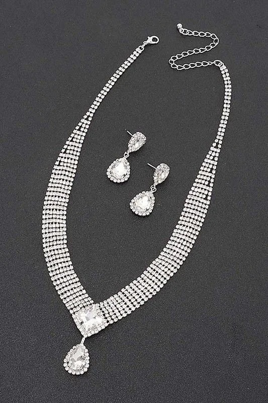 Radiant Teardrop Rhinestone Necklace Set in Silver Clear