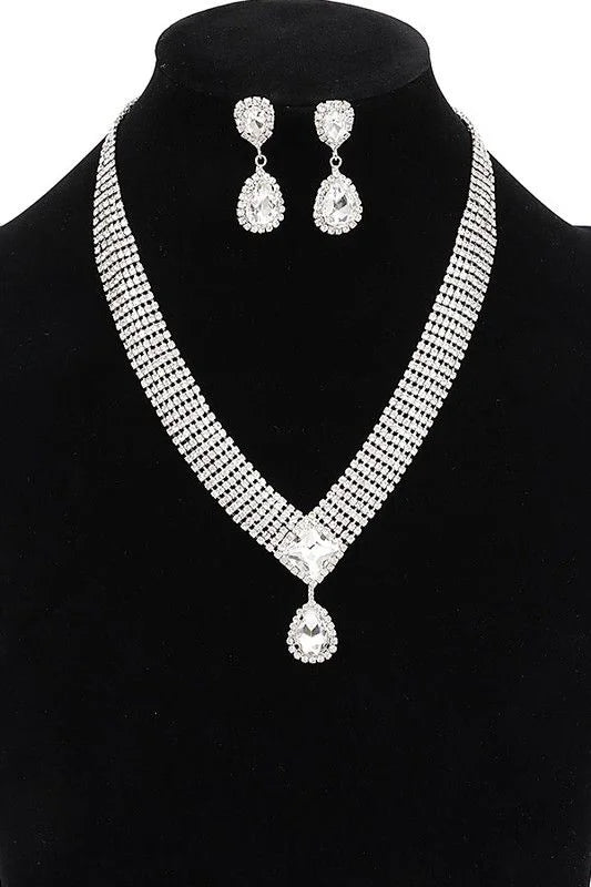 Radiant Teardrop Rhinestone Necklace Set in Silver Clear