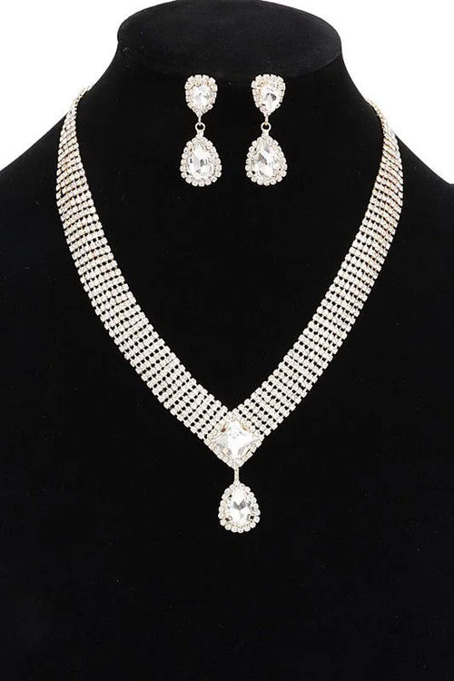 Radiant Teardrop Rhinestone Necklace Set in Gold Clear Finish