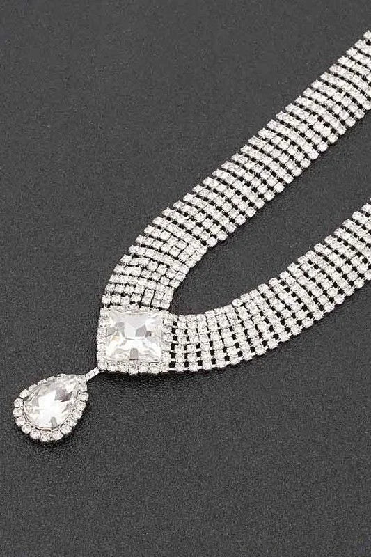 Radiant Teardrop Rhinestone Necklace Set in Silver Clear