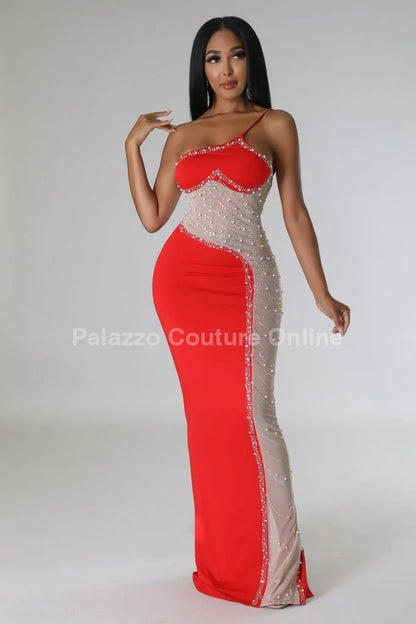 Rasha Red Rhinestone Dress with One-Shoulder Design