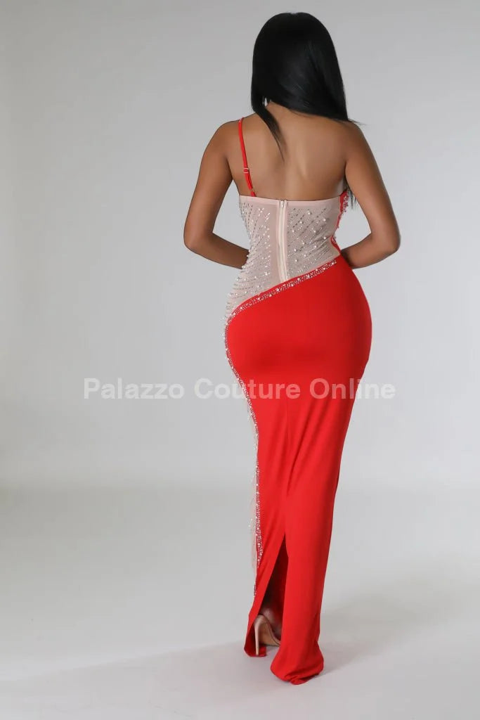 Rasha Red Rhinestone Dress with One-Shoulder Design