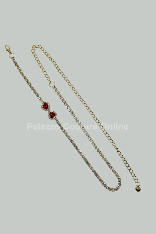 Red heart Rhinestone Chain Belt (Gold)
