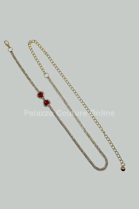 Red heart Rhinestone Chain Belt (Gold)