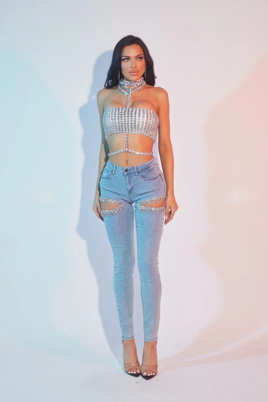 Rhianna Cut out Crystal Cascade  - Light Blue Denim