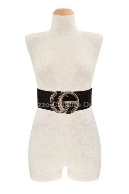 Rhinestone GO Buckle Elastic Belt (Black)