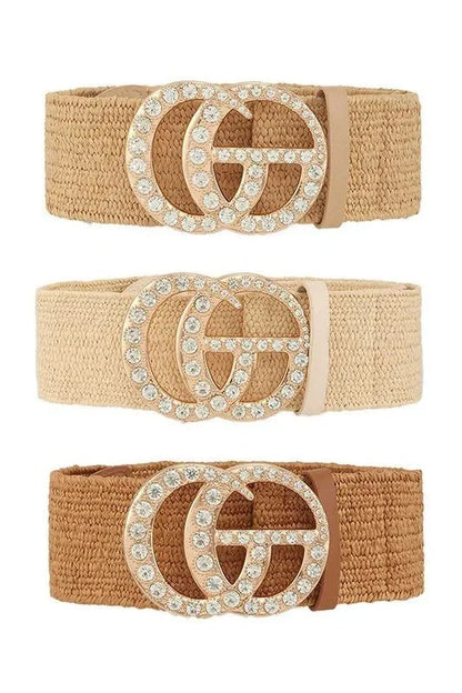 Rhinestone GO Charm Elastic Belt (Cognac)
