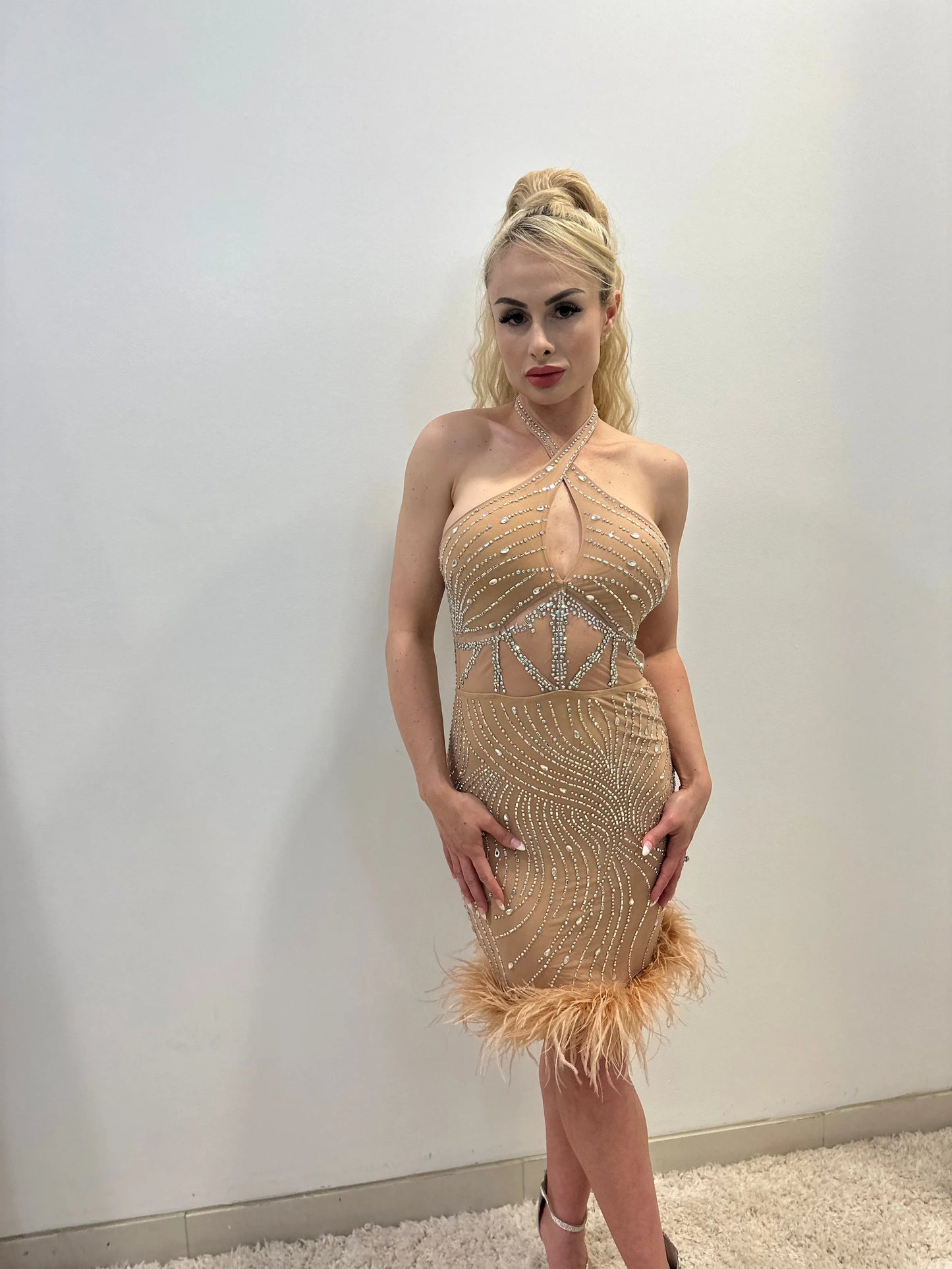 Rhinestone Feather Hem Nude Mini Dress – Bodycon Glam