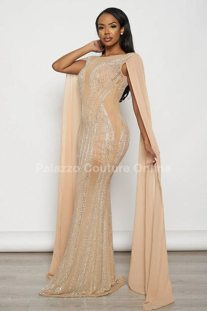 Rhinestone Wide Cape Sleeve Cape Evening Gown (Nude)