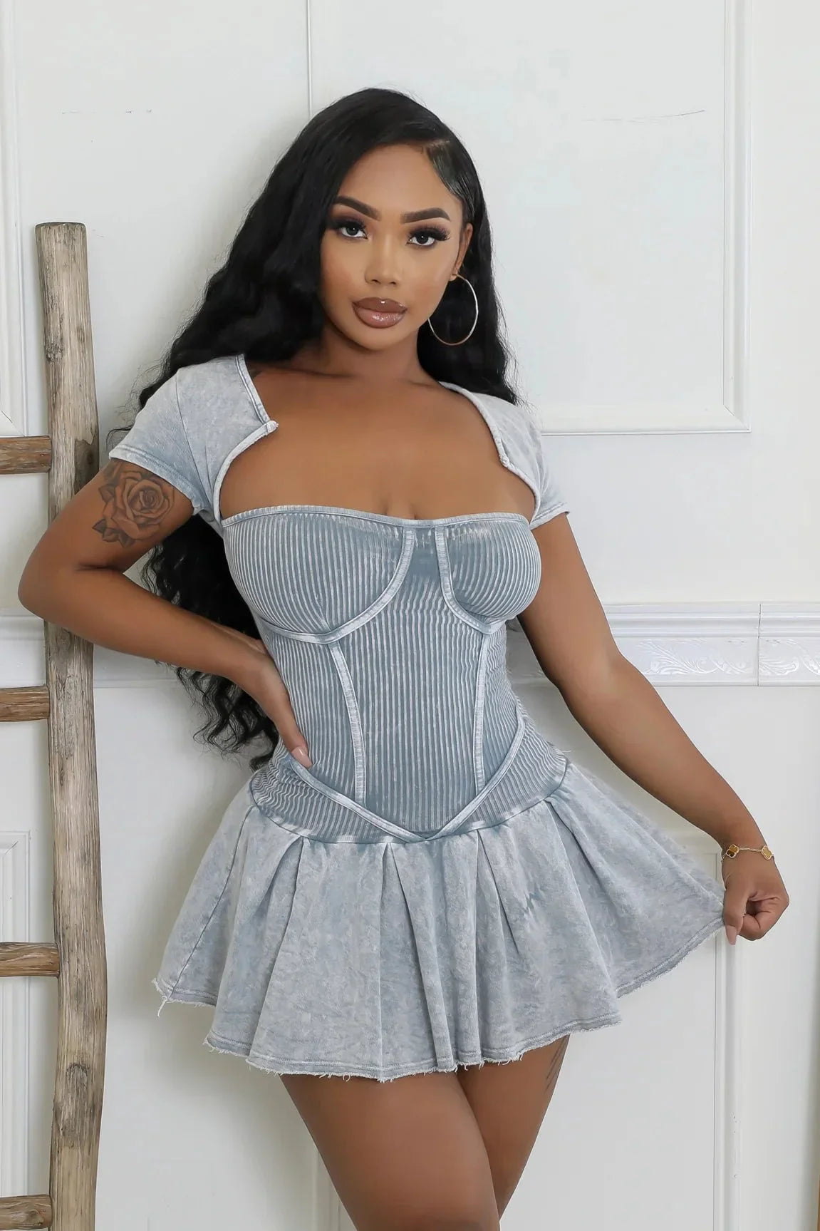 Ribbed Fitted Flare Mini Dress (Cement)