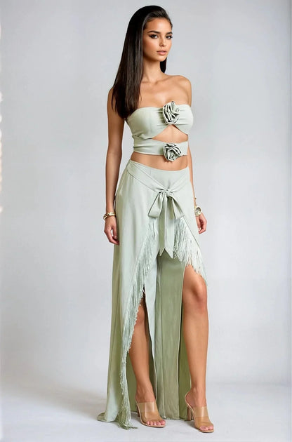 Rose Fringe Cut-Out Pant Set - Sage