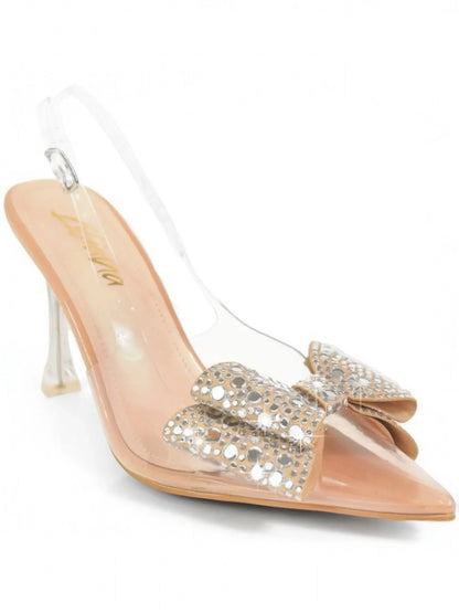 Sakina Crystal Bow Heels Nude with Pointed Toe & Sculpted Heel