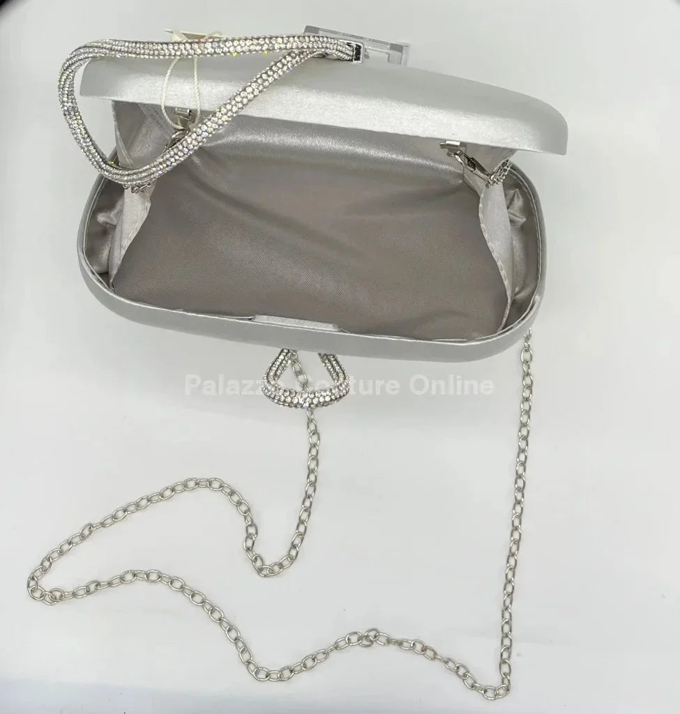 Satin Night Rhinestone Silver Clutch Bag
