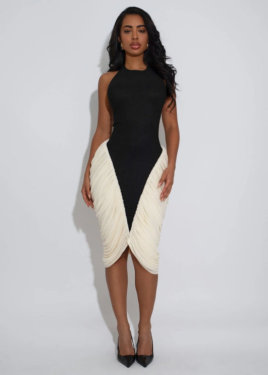 Sculpted Grace Ruched Midi Dress with High Neck Contrast Detail