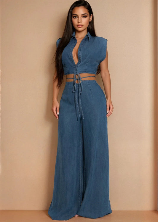 Sculpted Wrap Denim Pant Set - Denim