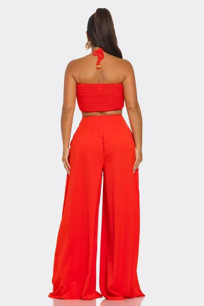 Sea Goddess 2PC Halter and Wide Leg Pant Set Orange
