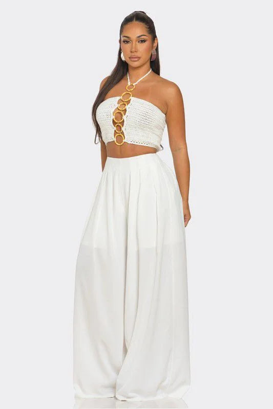 Sea Goddess 2PC Halter and Wide Leg Pant Set White