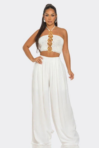 Sea Goddess 2PC Halter and Wide Leg Pant Set White