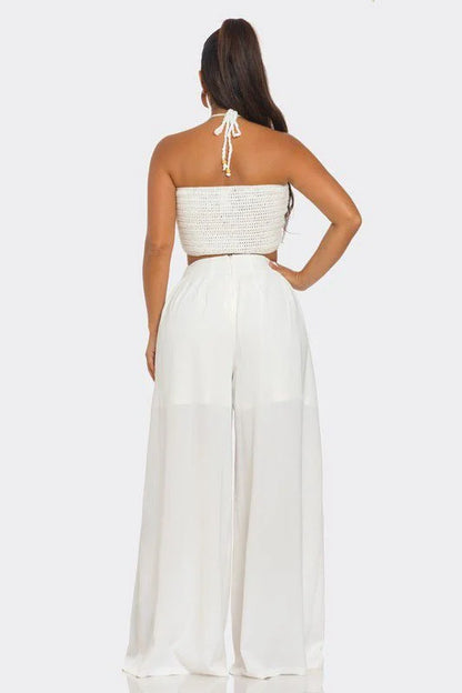 Sea Goddess 2PC Halter and Wide Leg Pant Set White